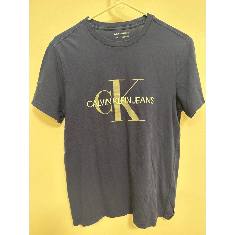 Calvin Klein Jeans Mens Small Graphic T-Shirt Charcoal Gold CK Logo Cotton Tee